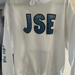 Blue Jay White Hoodie with Blue Sequin JSF Logo